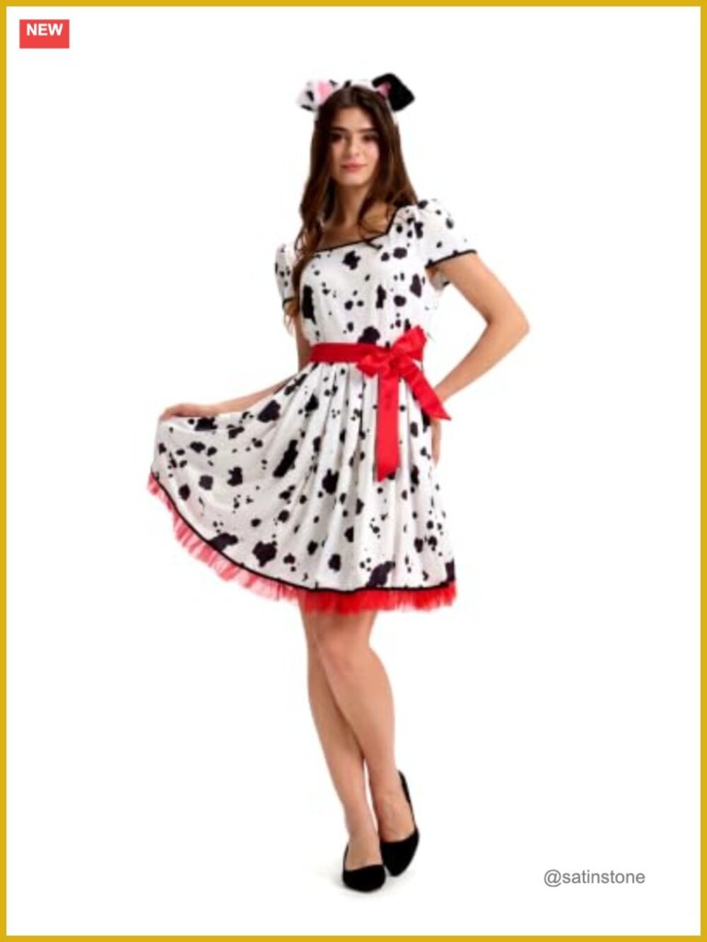 Womens Dalmatian Costume Dress Set Dog Ear Headband Red Bow Belt Halloween